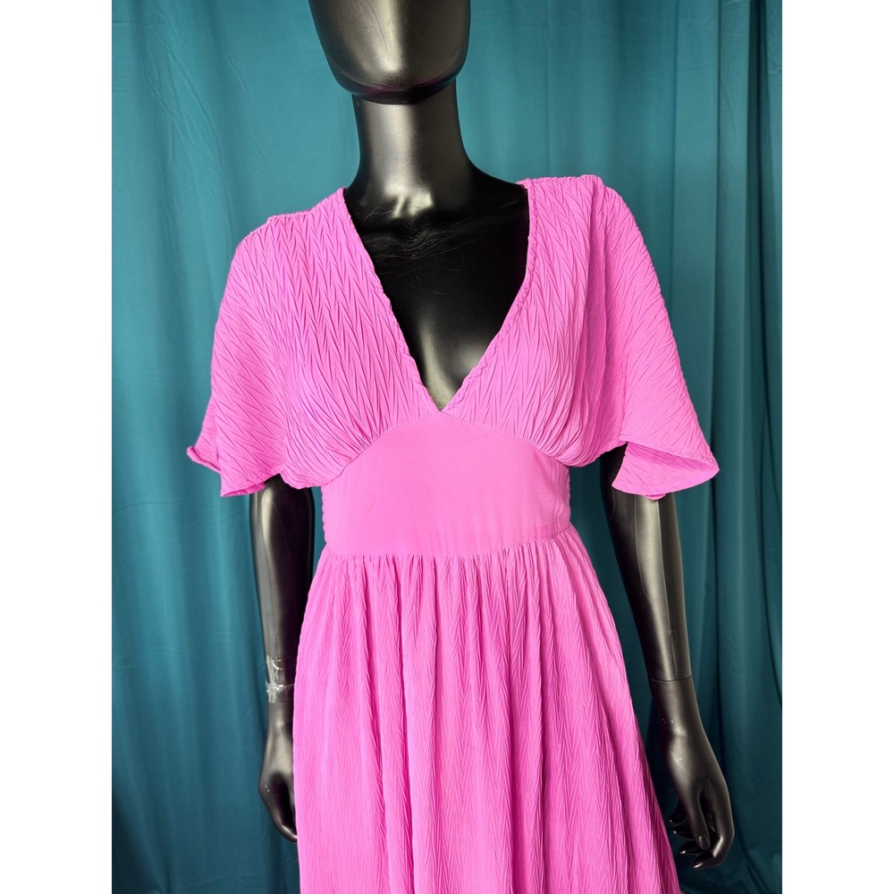 Japna Pink Crinkle Flutter Sleeve Maxi Dress V-Neck Flowy Bohemian Summer - Picture 2 of 10